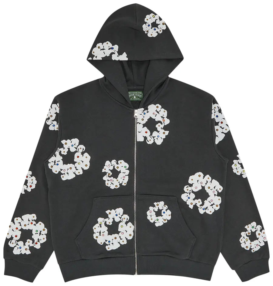 Denim Tears Rhinestone Wreath Zip Hoodie 'Vintage Black'